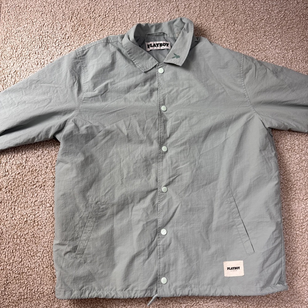 PLAYBOY by PacSun Shirt Men's L Green Big Bunny Back Print White Button Nylon